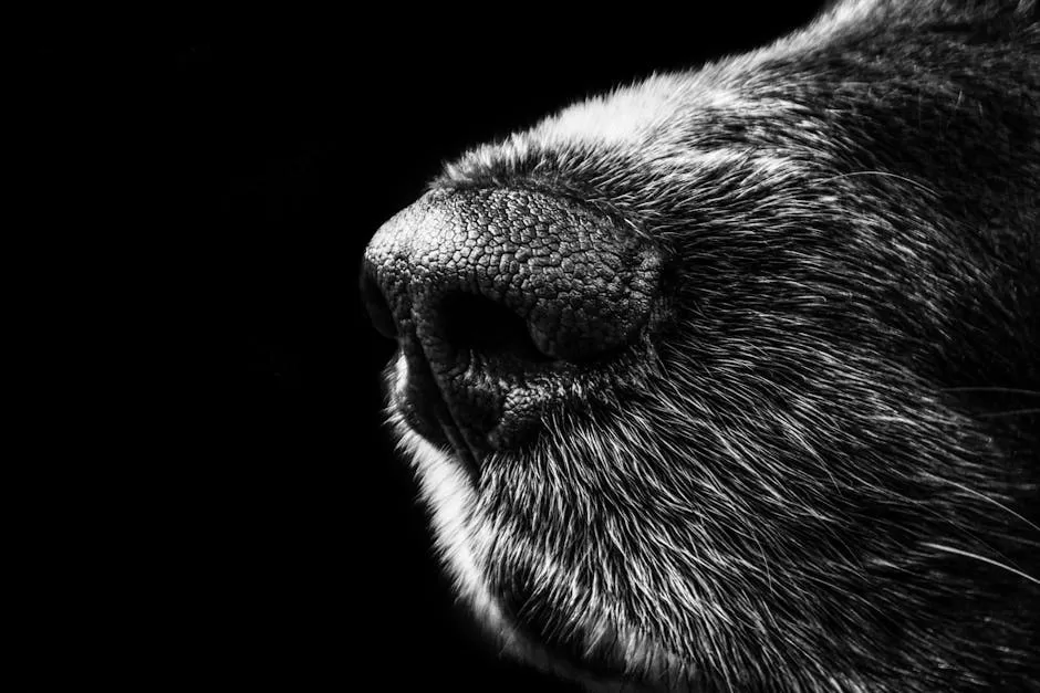 Detailed monochrome close-up of a dog's nose and fur, highlighting texture and contrast.