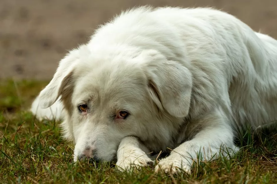 A serene white dog lying on grass, showcasing calmness and relaxation.